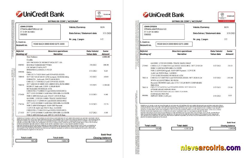 Romania UniCredit Bank 2 pages excel pdf